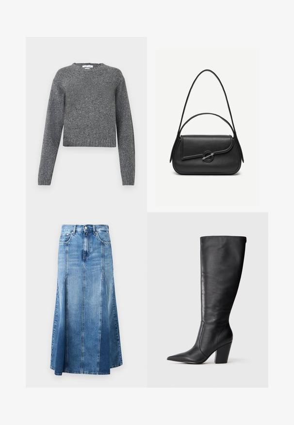 Grå langærmet strikket sweater med rund hals og ribbede manchette og kant, vist mod en hvid baggrund.; Denim nederdel med en lys til mørk blå gradient, knælængde, med lige snit, frontslids og klassisk knap- og lynlås-lukning.; Sort læderknehøj støvle med spids tå og kraftig høj hæl, vist i venstre sideprofil på hvid baggrund.; Sort læderhåndtaske med afrundede kanter, asymmetrisk klap, metalcirkulært spænde samt både korte og lange skulderstropper.