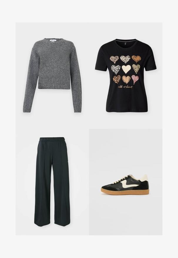 Grå langærmet strikket sweater med rund hals og ribbede manchette og kant, vist mod en hvid baggrund.; Sort kortærmet skjorte med ni hjerter i dyreprint arrangeret i tre rækker, og teksten "wild at heart" under hjertene i kursiv.; Sorte, brede atletiske bukser med elastisk talje. Lavet af glat, strækbart stof, med diskrete frontsyninger og ingen lommer.; Sorte ruskinds- og lædersneakers med en cremefarvet side-swoosh og lys cremefarvet hæl. Har beige snørebånd og en gummirubber-sål.