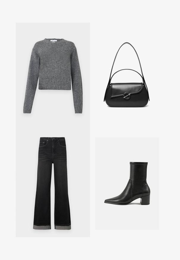 Pull en tricot gris à manches longues avec col rond et poignets et ourlet côtelés, présenté sur un fond blanc.; Jean en denim noir flare à taille haute, avec cinq poches et une couture contrastante. Les ourlets sont repliés avec un détail gris.; Bottine noire en cuir lisse, avec un bout pointu, un talon carré et des coutures surélevées distinctes au bord supérieur.; Sac à bandoulière en cuir noir avec un rabat incurvé fermé par un fermoir métallique rond et une sangle fine et ajustable.