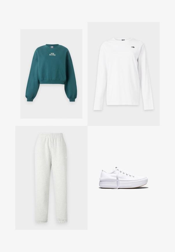 Tirkis cropped crewneck sweatshirt med lange puffede ærmer og "New Balance" logo i hvid tekst centreret på brystet.; Hvid langærmet T-shirt med rund hals og lille sort The North Face-logo på venstre bryst.; Lys grå sweatpants med elastisk talje, tapered ben og ribbede manchetter. Fremstillet af et blødt, tekstureret stof. Hvid logo detalje på siden.; Hvid lavt snørestøvle med tyk plateau-sål, snørelukning foran og gummiforstærket tåkap, set i sideprofil.