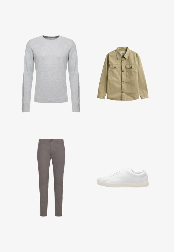 Lys grå sweater, lange ærmer, rund hals, blød tekstur, minimalistisk design, lille logomærke på den nederste venstre søm.; Khaki langærmet skjorte med knapper, krave og to forlommer med knapklapper.; Grå bomulds chinos med lige pasform, der har knaplukning, standardlommer og minimalistisk design. Glat tekstur og ingen mønstre.; Hvide lædersneakers med en glat overflade, rund tå, snørebåndslukning og flad gummisål. Minimalistisk design uden synlige mønstre.
