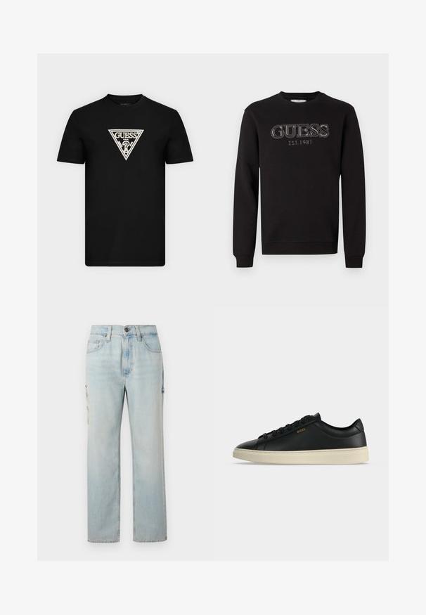 Hanorac negru cu guler rotund și mâneci lungi, având textul "GUESS EST. 1981" brodat cu fir contrastant pe piept.; Tricou negru cu mâneci scurte, cu logo Guess triunghiular alb și design cu semn de întrebare centrat pe piept.; Blugi cargo din denim albastru deschis, cu croială dreaptă, prevăzuți cu două buzunare laterale și închidere cu nasture. Estompare subtilă care oferă un aspect texturat.; Pantof sport din piele neagră, tip low-top, cu talpă albă, șireturi negre și logo BOSS mic auriu pe lateral.