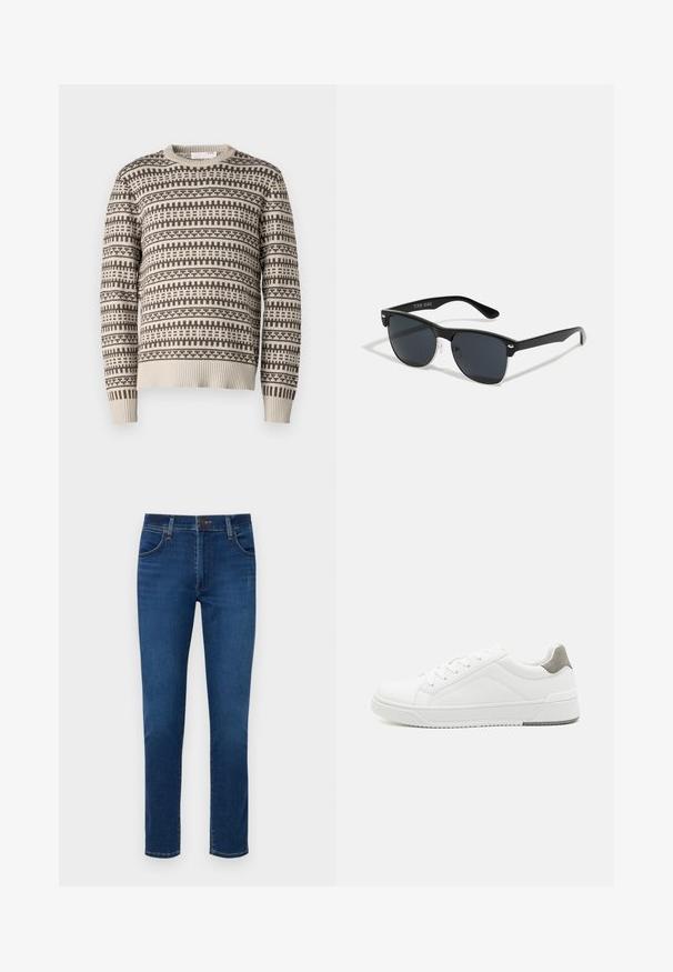 Suéter de punto con un patrón geométrico en beige y marrón, cuello redondo, puños y dobladillo acanalados, y una textura de grosor medio.; Vaqueros de denim azul oscuro con un diseño de pierna recta, bolsillos frontales y un cierre de botón en la cinturilla. Textura suave, detalles mínimos.; Zapatilla blanca con material de cuero liso, punta redonda, diseño minimalista, acento gris en el talón y suela de goma texturizada.; Gafas de sol negras con forma rectangular, lentes oscuros, detalles plateados en las patillas y un acabado mate en la montura.