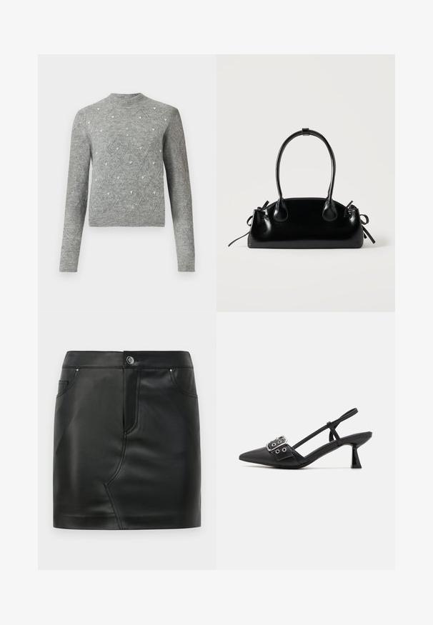 Suéter gris de punto con cuello redondo, mangas largas, patrones de diamante y pequeños adornos decorativos en toda la tela.; Mini falda de imitación cuero negra con botones frontales, cierre de cremallera, bolsillos delanteros y traseros, y detalles de costura.; Simmi London DALA - Tacones - black; Pequeño bolso negro brillante con dos asas largas y detalles de cordón lateral sobre un fondo claro liso.