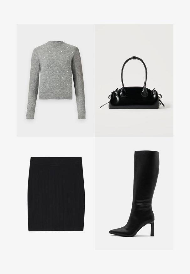 Grå strikket sweater med rund halsudskæring, lange ærmer, diamondmønstre og små dekorative detaljer i stoffet.; Sort ribbet strikket mini nederdel med et tætsiddende design, glat tekstur og en elastisk talje for komfort.; Even&Odd by Zalando Høje støvler/ Støvler - black; Lille sort blank håndtaske med to lange håndtag og snøre-detaljer i siden på en ensfarvet lys baggrund.
