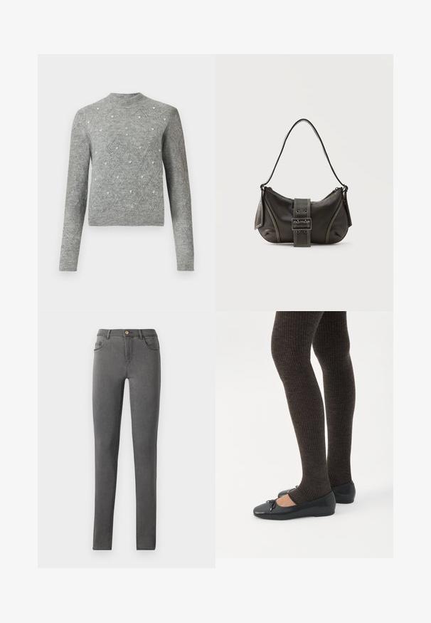 Grauer gestrickter Pullover mit Rundhalsausschnitt, langen Ärmeln, Rautenmustern und kleinen dekorativen Verzierungen im gesamten Stoff.; Graue Jeans im Skinny-Fit, mit passgenauer Silhouette, Fünf-Taschen-Style und einem einzigen Metallknopfverschluss am Bund.; Beine in dunklen, gerippten Leggings kombiniert mit schwarzen Ballerinas mit kleinen Schleifendetails auf weißem Hintergrund.; Schwarze Leder-Schultertasche mit Schnallengurt-Detail, abgerundeten Kanten und kontrastierenden weißen Nähten auf schlichtem Hintergrund.