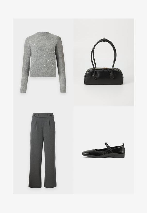 Grå strikket sweater med rund halsudskæring, lange ærmer, diamondmønstre og små dekorative detaljer i stoffet.; Grå brede bukser lavet af struktureret stof, med høj talje, frontfolder og to knapper i taljen.; Sorte patentlæder flade sko med spidse tæer, en ankelrem med spænde og en glat, blank tekstur. Lav hæl for komfort.; Sort læder håndtaske med to langstrakte håndtag, lynlåslukning og afrundet form; glat tekstur med en subtil blank finish.