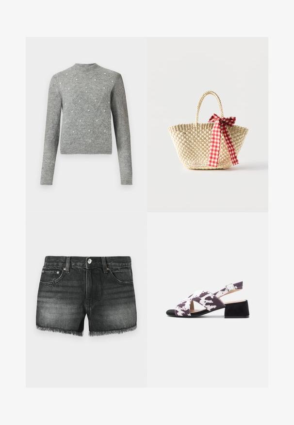 Grauer gestrickter Pullover mit Rundhalsausschnitt, langen Ärmeln, Rautenmustern und kleinen dekorativen Verzierungen im gesamten Stoff.; Schwarze Denim-Shorts mit ausgefranstem Saum, fünf Taschen und kupferfarbenen Beschlägen. Der ausgebleichte Look weist eine subtile Textur und ein klassisches Design auf.; Riemchensandalen mit einem lila-weißen Kuhfellmuster, schwarzem Blockabsatz und verstellbarem Knöchelriemen. Weiche Textur insgesamt.; Geflochtene Strohtasche mit geflochtenen Griffen und einer rot-weiß karierten Schleife, die an einer Seite gebunden ist.