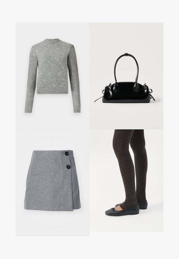 Pull en tricot gris avec un col rond, des manches longues, des motifs en losange et de petites embellissements décoratifs sur le tissu.; Jupe en laine grise avec un design enveloppé, arborant deux boutons noirs sur le côté et une surface texturée.; Jambes portant des leggings côtelés foncés associés à des ballerines noires avec de petits détails en nœud sur fond blanc.; Petit sac à main noir brillant avec deux longues anses et des détails à cordon sur les côtés sur un fond clair uni.