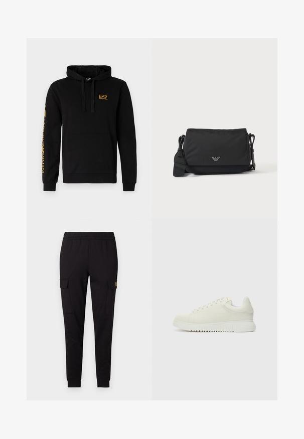 Hoodie en coton noir avec une poche frontale, capuche réglable avec cordon de serrage, et logo EA7 jaune sur la poitrine et la manche.; Pantalons de jogging noirs en tissu doux, présentant une coupe fuselée et deux poches cargo latérales avec un logo discret sur une poche.; Baskets blanches en cuir avec un dessus texturé, bout rond, semelle plate blanche et lacets ton sur ton. Marque discrète sur la languette.; Sac bandoulière noir avec sangle réglable et petit emblème logo argenté sur le rabat avant, présenté sur un fond clair uni.