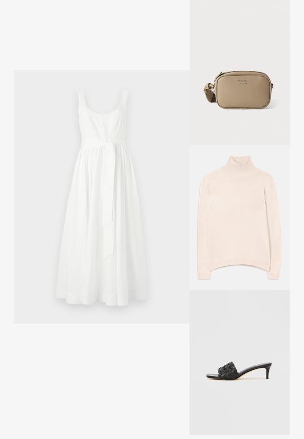 Lyserød langærmet turtleneck sweater med ribbet krave og kant, med en afslappet pasform og blød, glat tekstur.; Hvid sømløs kjole med en tætsiddende overdel og en svævende, midi-længde nederdel. Har et bundet taljebælte og en glat, bomuldsstruktur.; Sorte sandaletter med hæl og vævet struktur på overdelen, åben tå-design og tynd høj hæl. Har en glat læderfodplade.; Beige skuldertaske i læder med tekstureret finish, rektangulær form, lynlås og logo på forsiden. Inkluderer justerbar rem.