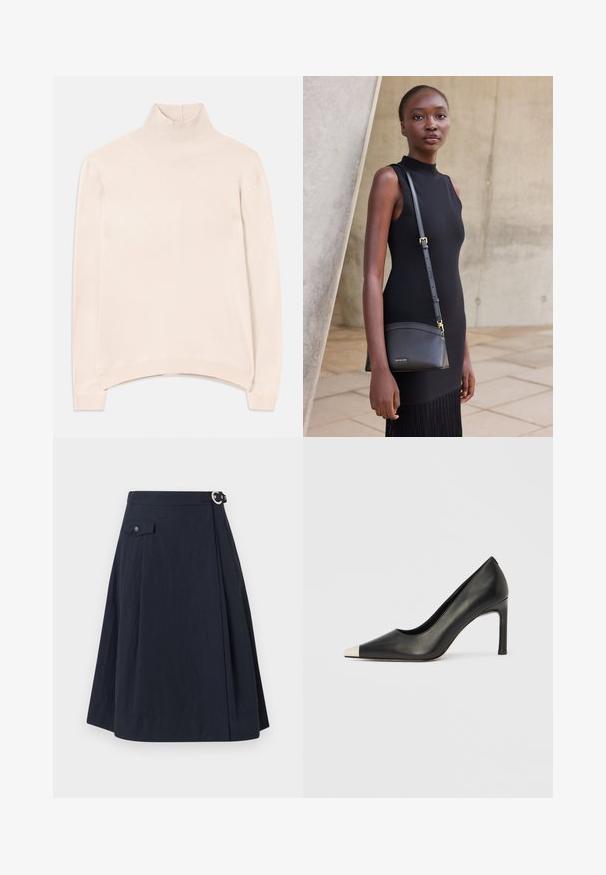 Lichtroze langste mouwen turtleneck trui met een geribbelde kraag en zoom, met een ontspannen pasvorm en een zachte, gladde textuur.; Navyblauwe A-lijn rok met een zijknoopsluiting, voorzien van een voorzak en een soepele, lichte stof met een lichte glans.; Zwarte leren hoge hak met een spits toelopende neus en een metalen zilverkleurige kap. Heeft een gladde afwerking en een slanke hak van 10 cm.; Jonge vrouw in een mouwloze zwarte jurk met een zwarte leren crossbodytas, staand voor een lichte betonnen muur.
