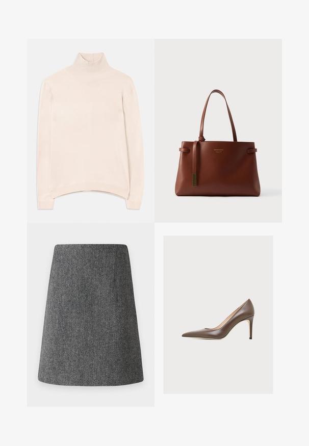 Lyserød langærmet turtleneck sweater med ribbet krave og kant, med en afslappet pasform og blød, glat tekstur.; Grå fiskebensmønster nederdel med en udvidet A-linjeform, lavet af tekstureret stof. Har en ren talje og ingen synlige detaljer eller pynt.; Brun læderhøjhælet pumpe med spids tå og slank hæl på en ensfarvet lys baggrund.; Brun lædertaske med to lange håndtag, en slank rektangulær form og en lille dekorativ kvast. Har diskrete logodetaljer.