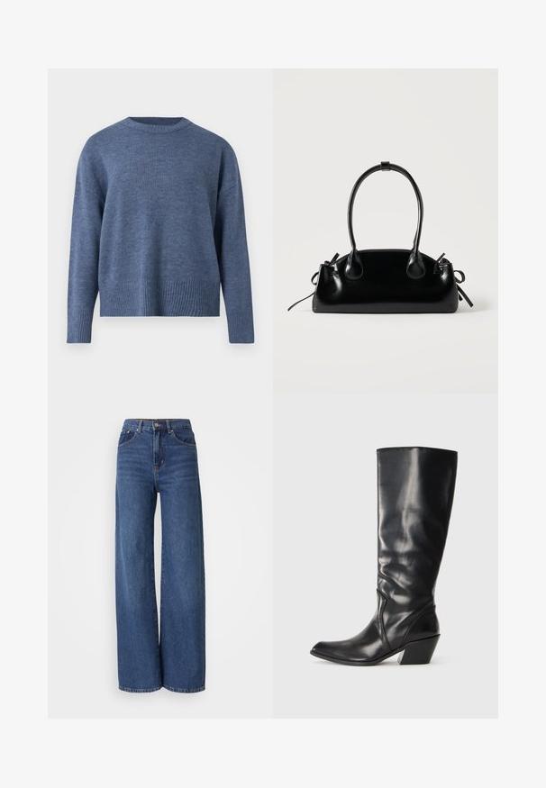 Blå striktrøje med ribbet halsudskæring og kant. Har lange ærmer og en afslappet pasform, lavet af blødt stof.; Højtaljede, brede jeans i mørkeblå denim. Har fem lommer, bæltestropper og en blød tekstur med kontrasterende syninger.; Sorte læder knæhøje støvler med spids tå, vinklet hæl og glat tekstur. Funktioner en subtil syning langs siden.; Lille sort blank håndtaske med to lange håndtag og snøre-detaljer i siden på en ensfarvet lys baggrund.