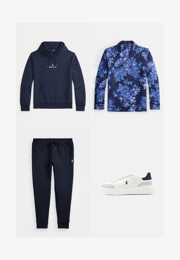 Navyblauwe Ralph Lauren hoodie met een voorzak, een trekkoordkap en een witte geborduurde logo in het midden van de borst.; Lange mouwen navyblauw shirt met blauw-wit bloemen- en bladerenprint, bruine knopen en een kraag.; Marineblauwe sweatpants met een trekkoord in de taille, elastische boorden en een klein wit logo op de bovenste linkerbeen. Zachte stofkwaliteit.; Witte lage sneaker met zwarte hielkap, grijze suède accenten, dikke zool en zwart Polo-logo aan de buitenkant.