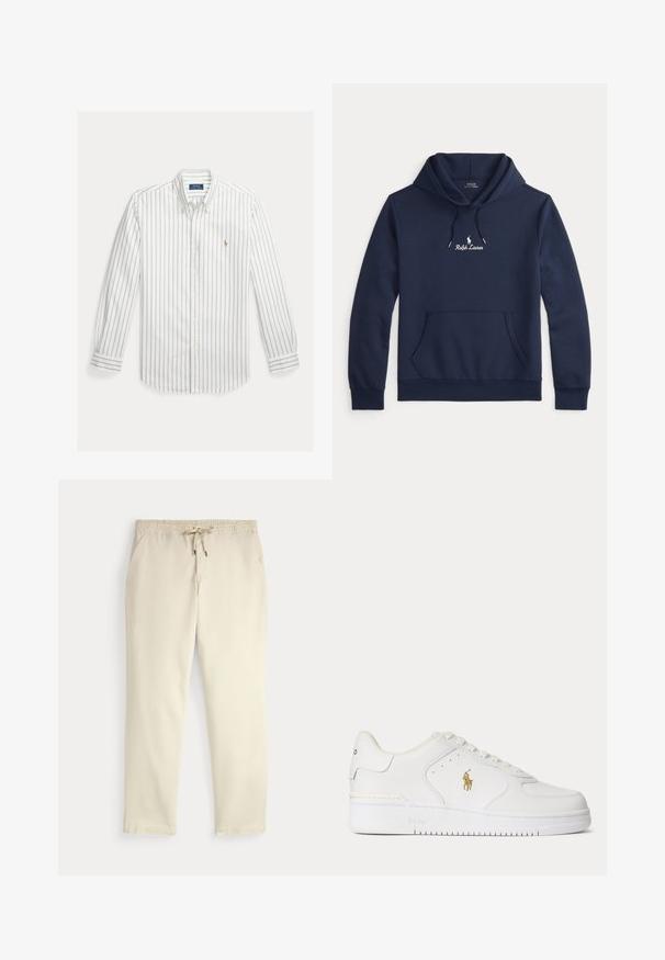 Navyblauwe Ralph Lauren hoodie met een voorzak, een trekkoordkap en een witte geborduurde logo in het midden van de borst.; Wit overhemd met lange mouwen met dunne verticale blauwe strepen en een klein geborduurd logo op de linkerborst.; Off-white casual broek met elastische tailleband en trekkoord, rechte pijpen en zijzakken op een effen achtergrond.; Witte lage leren sneaker met witte veters en een gouden Polo Ralph Lauren-logo aan de zijkant en "Polo" in de zool gegraveerd.