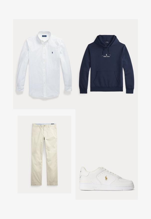 Námornícky modrý mikina Ralph Lauren s prednou vreckovou kapsou, kapucňou so šnúrkou a bielo vyšitým logom umiestneným na hrudníku.; Biela košeľa s dlhým rukávom, gombíkmi a golierom, vyšívané logo Polo Ralph Lauren na ľavej strane hrude.; Béžové bavlnené nohavice s rovnými nohavicami, opaskové pútká, predné zapínanie na gombík, zips a bočné vrecká.; Biele kožené nízke tenisky s bielymi šnúrkami a zlatým logom Polo Ralph Lauren na boku a "Polo" vyrazeným na podrážke.