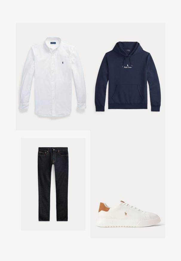 Mørkeblå Ralph Lauren hoodie med lomme foran, snøre i hætten og hvidt broderet logo i midten af brystet.; Hvid langærmet skjorte med knapper og krave, Polo Ralph Lauren-logo broderet på venstre bryst.; Mørkeblå slim-fit jeans med fem lommer, knaplukning og kontrastsyning lagt fladt på en lys baggrund.; Hvid lavtop sneaker med tan hælfane, hvide snørebånd og lille broderet polo-spiller logo på siden over en tyk sål.