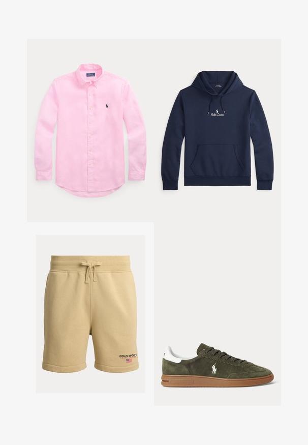 Navyblauwe Ralph Lauren hoodie met een voorzak, een trekkoordkap en een witte geborduurde logo in het midden van de borst.; Lichtroze overhemd met lange mouwen en knopen, een met knopen gesloten kraag en een klein marineblauw geborduurd logo op de linkerborst.; Beige shorts van een katoenmengsel met een elastische tailleband, trekkoord, opgebolde zomen en een geborduurd "POLO SPORT"-logo op het linkerbeen.; Olivengroene suède sneaker met bruine rubberen zool, witte hielstrook, vetersluiting aan de voorkant en wit Ralph Lauren polo-spelerlogo aan de zijkant.