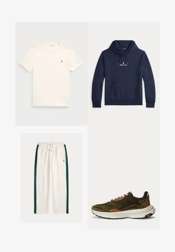 Mørkeblå Ralph Lauren hoodie med lomme foran, snøre i hætten og hvidt broderet logo i midten af brystet.; Kræmfærdig bomulds t-shirt i kremfarve med rund hals og korte ærmer. Har et lille blåt broderet logo på venstre bryst.; Hvide sweatpants med snøre i taljen, med marineblå og grønne sidelommer og et lille marineblåt polo-spiller-logo på højre lår.; Lavprofileret olivengrøn og brun atletiksneaker med hvide snørebånd og en tyk hvid Vibram-sål, vist fra siden på en hvid baggrund.