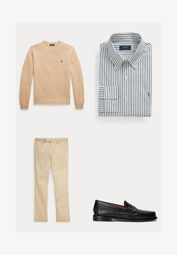 Beige trui met lange mouwen en ronde hals, geribbelde manchetten en zoom, met een klein marineblauw Polo Ralph Lauren-logo op de linkerborst.; Opgevouwen wit overhemd met marineblauwe verticale strepen, knoopsluitkraag en Polo Ralph Lauren-logo geborduurd op de borst.; Beige broek met rechte pijpen, ceintuurlussen en een voorrits, plat gelegd tegen een witte achtergrond.; Zwarte leren loafer met lage hak en penny-strap detail, van opzij getoond op een lichtgrijze achtergrond.