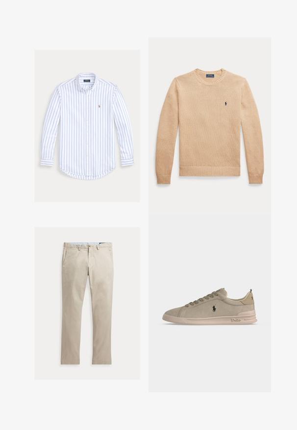 Pull beige à manches longues col rond avec poignets et ourlet côtelés, arborant un petit logo Polo Ralph Lauren bleu marine sur la poitrine gauche.; Chemise à manches longues boutonnée avec des rayures verticales bleu clair et un petit logo brodé sur la poitrine gauche.; Pantalon beige en coton à jambes droites, avec poches avant, passants de ceinture, fermeture par bouton et braguette zippée, présenté à plat sur fond blanc.; Baskets basses en suède beige clair avec logo Polo sur le côté et au talon, lacets à l'avant, semelle en caoutchouc beige.