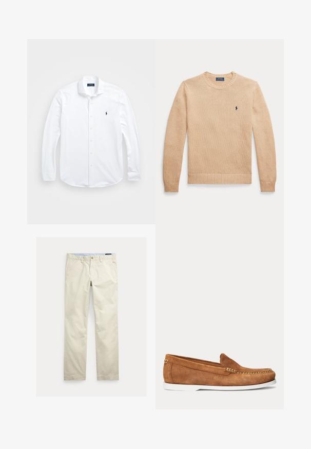 Pull beige à manches longues col rond avec poignets et ourlet côtelés, arborant un petit logo Polo Ralph Lauren bleu marine sur la poitrine gauche.; Chemise blanche à manches longues en coton. Caractéristiques : col classique, coupe régulière et petit logo bleu marine sur la poitrine.; Pantalon beige en coton coupe droite avec passants pour ceinture, bouton devant, fermeture éclair et poches latérales.; Mocassin en daim marron avec semelle blanche et coutures beige le long de l'avant-pied et du bord supérieur, présenté en vue latérale sur fond uni.