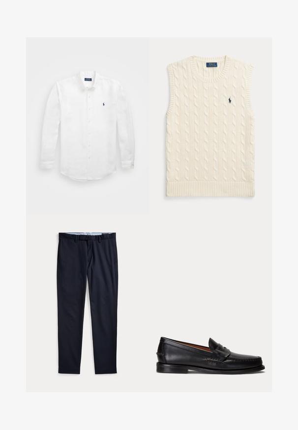 Crèmekleurige kabelgebreide mouwloze trui met geribbelde randen en klein donkerblauw Polo Ralph Lauren-logo op de linkerborst.; Witte lange mouwen shirt van katoen met een button-down kraag, voorzien van een klein marineblauw logo op de linkerborst en klassieke knoopsluiting.; Donkerblauwe herenkleedbroek met ceintuurlussen, ritssluiting en zijzakken, plat gelegd op een witte achtergrond.; Zwarte leren loafer met lage hak en penny-strap detail, van opzij getoond op een lichtgrijze achtergrond.