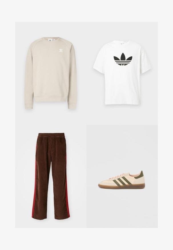 Beežiga pusa ümmarguse kaeluse ja pikkade raglaanvarrukatega. Rinnal valge Adidas logo. Puuvillasest kangas, siledapoolne tekstuur.; Valge puuvillane T-särk, millel on suur must Adidas trefoil logo ja kolm horisontaalset riba all. Lühikesed varrukad, ümmargune kaelus.; Pruunid kootud püksid elastse elastse vöökohtadega, punaste külgribadega ja sirgete jalgadega. Tekstuuriga kangas koos peente ribade detailidega.; Madalprofiilne beež Adidas Spezial toss rohelist värvi triipude, kummist tallaga ja "SPEZIAL" brändinguga küljel, nähtav välisküljelt.