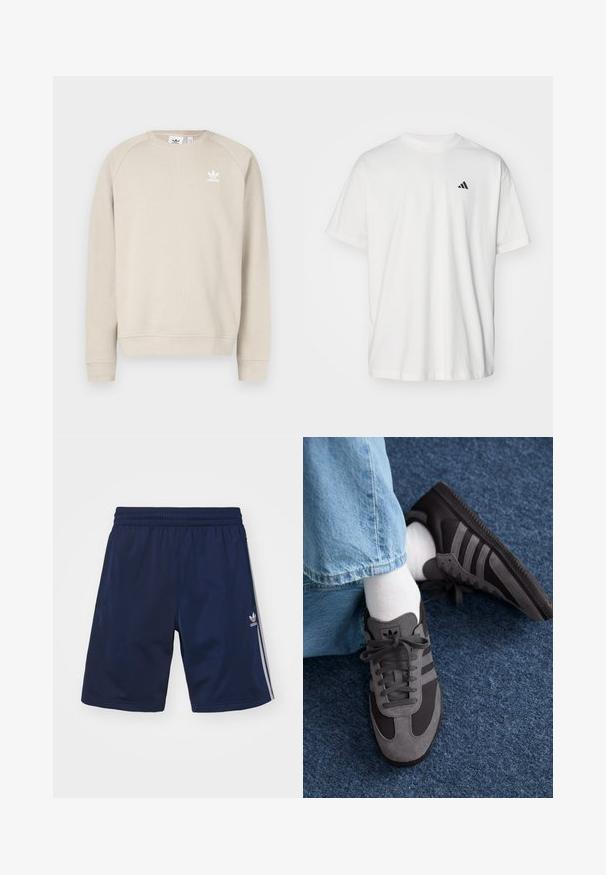 Beige sweatshirt met een ronde hals en lange raglanmouwen. Heeft een wit Adidas-logo op de borst. Gemaakt van een katoenmix met een gladde textuur.; Witte katoenen t-shirt met korte mouwen, ronde hals en een klein zwart Adidas-logo op de linkerzijde van de borst. Zachte textuur, casual pasvorm.; Marineblauwe sportshorts van een lichte stof, met een elastische tailleband en drie witte strepen aan de zijkanten. Adidas-logo zichtbaar.; adidas Originals SAMBA OG - Sneakers laag - core black/grey six