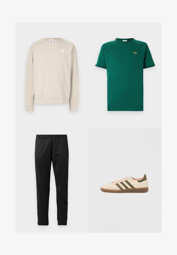 Sudadera beige con cuello redondo y mangas largas raglán. Presenta un logo blanco de Adidas en el pecho. Mezcla de algodón, textura suave.; Camiseta verde de manga corta Adidas con cuello redondo, logo dorado en forma de trébol en el pecho y franjas blancas con bordes verdes a lo largo de los hombros.; Pantalones deportivos negros hechos de una tela suave, con una cinturilla elástica, piernas ajustadas y puños ribeteados en los tobillos.; Zapatilla Adidas Spezial beige de perfil bajo con rayas verdes, suela de goma y la marca "SPEZIAL" en el lateral, vista desde el lado exterior.