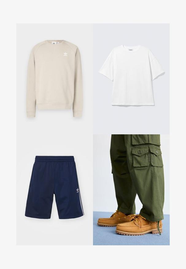 Beige sweatshirt met een ronde hals en lange raglanmouwen. Heeft een wit Adidas-logo op de borst. Gemaakt van een katoenmix met een gladde textuur.; Witte oversized T-shirt met korte mouwen, ronde hals en verlaagde schouders, plat op een lichtgrijze achtergrond.; Marineblauwe sportshorts van een lichte stof, met een elastische tailleband en drie witte strepen aan de zijkanten. Adidas-logo zichtbaar.; Timberland AUTHENTIC 3 EYE - Bootschoenen - wheat