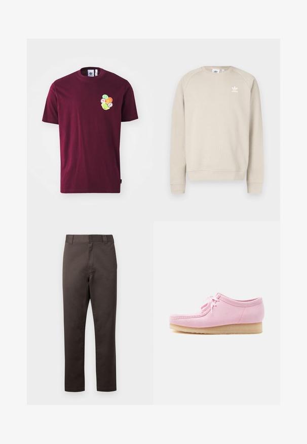 Beige sweatshirt med rund halsudskæring og lange raglanærmer. Har en hvid Adidas-logo på brystet. Bomuldsblanding, glat tekstur.; Mørkerød bomulds t-shirt med korte ærmer og rund hals. Indeholder en broderet grafik på venstre bryst, inklusive farverige cirkulære design.; Brune bomulds chinos med lige ben, forlommer, bæltestropper og en glat tekstur. Ingen synlige mønstre eller accenter.; Lyserød ruskindssko med snørebånd og beige crepesål, sidevisning på en neutral, lys baggrund.