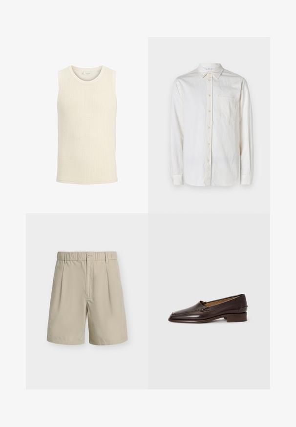 Gilet en tricot sans manches de couleur crème avec un col rond et une texture côtelée.; Chemise blanche à manches longues en tissu texturé, avec un col boutonné, une poche sur le devant, et des boutons le long de la patte de boutonnage et des poignets.; Short beige pour homme avec taille élastique, fermeture par bouton, passants de ceinture, plis à l’avant et ourlet droit sur fond blanc.; Mocassins en cuir marron avec un bout légèrement pointu, un petit talon empilé et des coutures décoratives sur le dessus. Texture lisse, design minimaliste.