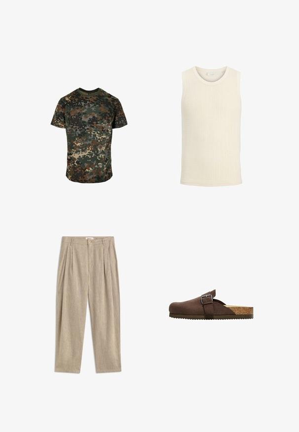 Gilet en tricot sans manches de couleur crème avec un col rond et une texture côtelée.; T-shirt en camouflage en coton, avec un motif multicolore dans les tons de vert, marron et noir. Encolure ronde et manches courtes.; Pantalon beige en lin taille haute avec plis sur le devant, fermeture par bouton et fermeture éclair, coupe droite décontractée.; Sabot en daim marron avec bride ajustable, semelle intérieure en liège et semelle extérieure en caoutchouc texturé. Profil bas avec bout arrondi et aérations latérales.