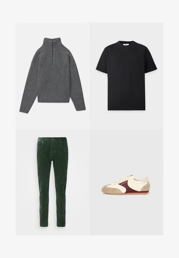 Kulgrå ribbet striktrøje med lange ærmer og en kvart lynlås ved kraven, lagt fladt på en hvid baggrund.; Simpel sort T-shirt med korte ærmer og rund hals, lagt fladt på en lys grå baggrund med en lille hvid etiket inde i kraven.; Grønne kordfløjelbukser med lige pasform. Har fem lommer, metalknaplukning og ribbet tekstur. Maskinvaskbare.; Sporty sneaker med cremefarvet stofoverdel, mørkerødt ruskindsaccent, beige tåhætte og tekstureret gummisål med zigzag-mønster.