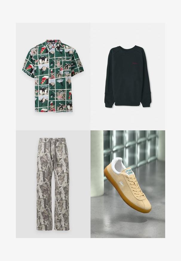 Sweatshirt noir en mélange de coton, avec un col rond côtelé, des manches longues et un petit logo Timberland rose sur la poitrine.; Chemise à manches courtes avec fermeture à boutons, motif bande dessinée verte comprenant des personnages de dessin animé, des parts de pizza, des montagnes et des scènes de pique-nique.; Pantalons à motif camouflage avec une coupe décontractée, palette de couleurs grise et beige, taille élastique avec cordon de serrage et texture de tissu douce.; Baskets en daim beige avec un col rembourré blanc, des lacets beiges et une semelle en caoutchouc gomme. Présente un logo vert et blanc sur la languette.