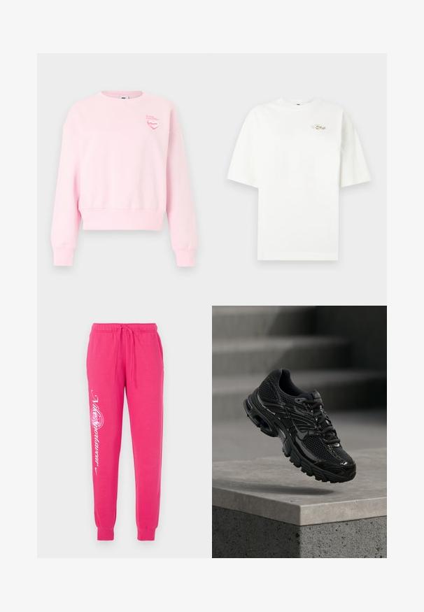 Lyserød Nike sweatshirt med lange ærmer, rund hals, ribstrikkede manchetter og kant samt et lille lyserødt hjerte med tekst på venstre bryst.; Hvid oversized kortærmet t-shirt med lille guld "Just Do It" logo på øverste venstre bryst mod en ensfarvet baggrund.; Lyserøde sweatpants lavet af blødt stof, med snor i taljen, tapered cuffs og hvid grafisk tekst på venstre ben.; Sort Nike løbesko med mesh og syntetisk overdel, der svæver over en betonoverflade og trin i baggrunden.
