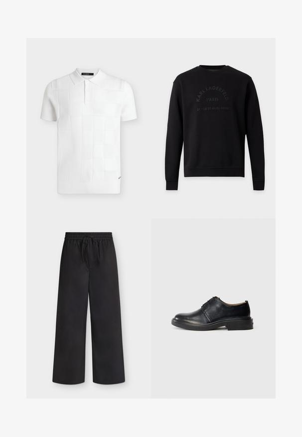 Sweat-shirt noir à manches longues et col rond avec un texte en relief subtil "Karl Lagerfeld Paris 21 Rue St-Guillaume" sur le devant.; Polo blanc à manches courtes avec motif carré texturé, patte de boutonnage, col classique et petite étiquette de marque sur le bas.; Pantalon noir à jambes larges avec taille élastique et cordon, présenté à plat sur un fond clair.; Chaussure oxford en cuir noir avec un bout rond, un laçage à l'avant et un petit talon empilé, sur fond clair.