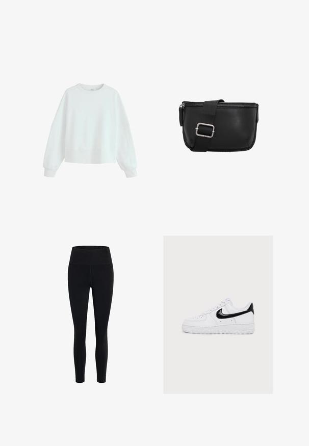 Hvid langærmet crewneck-trøje med ribbede ærmegab og kant, vist på en ensfarvet hvid baggrund.; Girlfriend Collective FLOAT HIGH RISE LEGGING 7/8 - Tights - black; Hvid lavtop sneakers med sort Nike swoosh og hælkappe, hvide snørebånd og perforeringer på tåområdet.; Sorte lædertaske med lynlås og struktureret overflade, udstyret med en stofrem og metalspænde, rektangulær form.