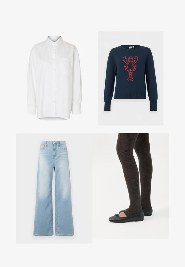 Jersey de punto azul marino con un gran gráfico de una langosta roja centrado en el frente, con puños y dobladillo acanalados.; Camisa blanca de manga larga con botones, cuello puntiagudo y bolsillo en el pecho, mostrada sobre un fondo liso.; Jeans de pierna ancha azul claro con cintura alta, botones frontales y bolsillos, mostrados sobre un fondo blanco.; Piernas con leggings oscuros acanalados combinados con bailarinas negras que presentan pequeños detalles de lazo sobre un fondo blanco.