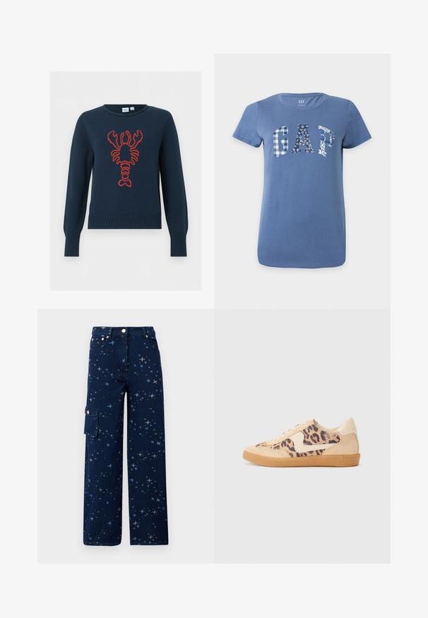 Marineblå strikket sweater med stort rødt hummertilbage centralt foran, med ribstrikkede ærmegab og kant.; Blå T-shirt med korte ærmer med "GAP" i store bogstaver henover brystet, hver bogstav har et forskelligt blå-hvidt mønster.; Mørkeblå denim cargo bukser med stjernemønster, vide ben, forlommer og en sidelomme med knaplukning.; Leopardprint sneakers med beige ruskindsoverdel, tan gummisål og hvide detaljer. Rund pegefinger og snørebåndsdesign med en tekstureret finish.