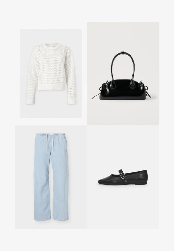 Pull en maille blanc à manches longues, texture gaufrée, col, poignets et ourlet côtelés, présenté sur un fond uni clair.; Pantalon ample à rayures verticales bleu clair et blanc, taille élastique avec cordon blanc sur fond uni.; Chaussure plate en cuir noir avec un bout arrondi, une seule sangle réglable à boucle et une texture lisse et brillante. Design minimaliste avec un petit talon.; Petit sac à main noir brillant avec deux longues anses et des détails à cordon sur les côtés sur un fond clair uni.