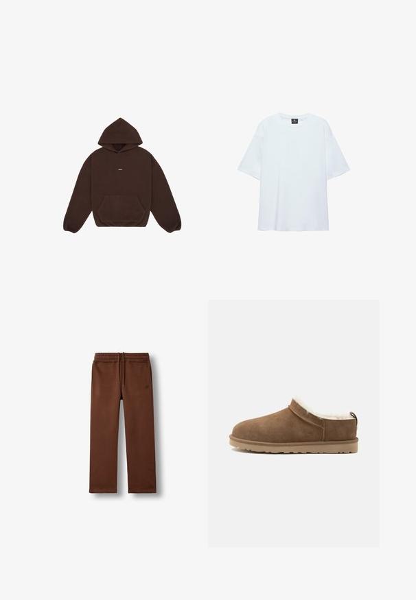 Donkerbruine fleece hoodie met voorzak en klein centraal logo op de borst, lange mouwen en elastische manchetten.; Effen witte oversized T-shirt met korte mouwen, ronde halslijn en een zwart label aan de binnenkant van de kraag, op een witte achtergrond.; Bruine casual joggingbroek met een elastische tailleband en koord, met zijzakken en een klein geborduurd logo op de linkerheup.; Bruine suède instapslof met beige zool en witte fleece voering, ontworpen voor warmte en comfort binnenshuis.