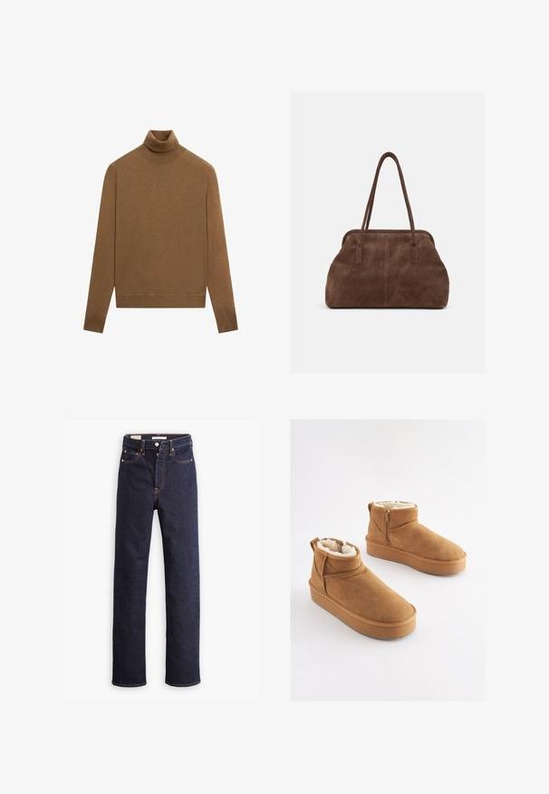 Brun langærmet rullekrave trøje med ribkantet krave, manchetter og kant vist på en hvid baggrund.; Mørkeblå straight-leg denim jeans med fem lommer og synlig orange syning på hvid baggrund.; Lysebrune ankelstøvler i ruskind med imiteret pelsforing, flad platformssål og lynlås i siden for nem påtagning. Har rundet tå og minimal syning.; Brun ruskind skuldertaske med to lange stropper og en blød, let afrundet rektangulær form mod en ensfarvet baggrund.