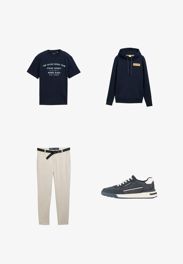 Marineblaue Kapuzenjacke mit einer Fronttasche, Brustpatch mit der Aufschrift "TOM TAILOR", Kapuze mit Kordelzug und elastischen Bündchen. Glatte Stofftextur.; Marineblaue Kurzarm-Baumwoll-T-Shirt mit runder Ausschnitt, versehen mit bedrucktem weißen Text und Zahlen auf der Vorderseite in einem lässigen Design.; Beige Hose mit Slim-Fit, ausgestattet mit einem schwarzen Gürtel, zwei Fronttaschen und einem strukturierten Stoff. Größe 32 x 32.; Herren Sneaker in Marineblau und Weiß mit weißen Schnürsenkeln, perforierter Zehenkappe, gestreiftem Seitendetail und gebrandetem Akzent auf dem Seitenpanel.