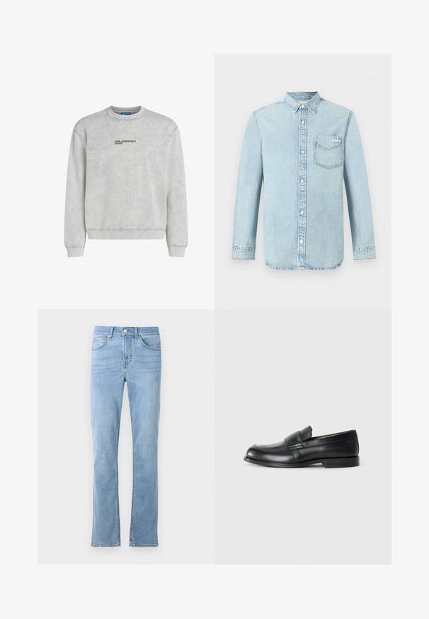 Grå sweatshirt lavet af blødt stof, med rund halsudskæring, ribstrikkede ærmegab og kant samt sort "KARL LAGERFELD JEANS" logo foran.; Lyseblå denim-skjorte med lange ærmer, knaplukning foran, enkelt brystlomme med Calvin Klein-logo og spids krave.; Lysblå, lige ben jeans lavet af bomuldsdenim. Har fem lommer, lukning med knap foran og subtile syninger.; Sorte læder loafers med rund tå, syet detaljer og en flad gummisål. Har en bred rem over vristen.