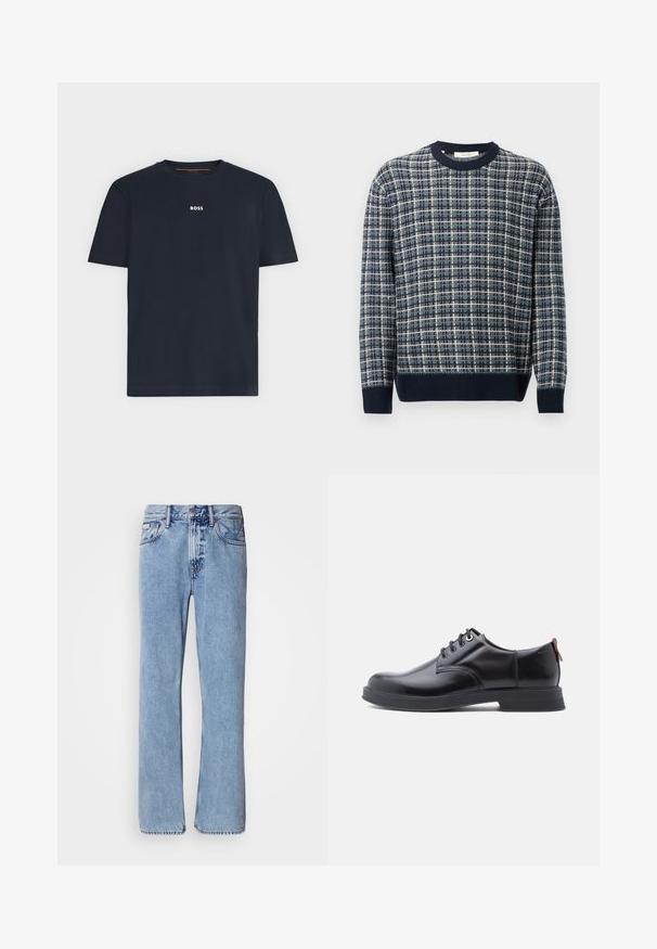 Marineblå og beige ternet striktrøje med ribbet rund hals og manchetter, som har et struktureret stof og en afslappet pasform.; Marineblå kortærmet T-shirt med rund hals og lille hvid "BOSS"-logo centreret på brystet.; Lyseblå denimjeans med lige ben design, fem lommer og knaplukning. Syninger nær lommer og talje.; Sorte snørestøvler i læder med glat tekstur, rundet tå og diskrete syningsdetaljer. Har en rød trækflig på hælen.