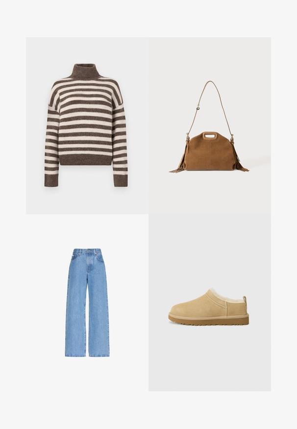 Pull à col roulé rayé en marron et crème, fabriqué en matériau doux. Il dispose d'un col côtelé et de larges épaules tombantes.; Jean en denim bleu clair taille haute avec jambes larges, poches avant, passants de ceinture et fermeture par bouton.; Chaussure en daim à enfiler de couleur beige clair, dotée d'une douce doublure en fourrure et d'une semelle en caoutchouc texturé avec un léger talon et une sangle à l'arrière pour un enfilage facile.; Sac à main en daim marron avec poignée découpée en haut, longue bandoulière réglable et franges de chaque côté.