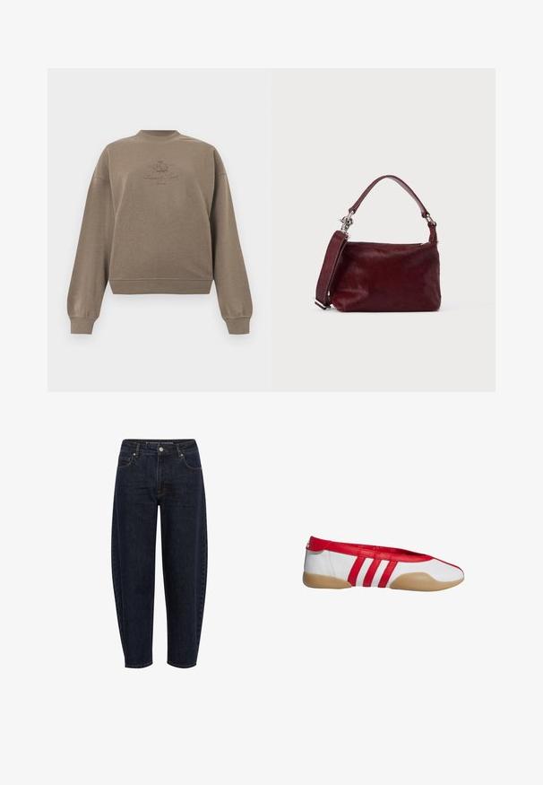 Bruine lange mouwen sweatshirt met geribbelde manchetten en zoom, voorzien van een klein geborduurd schild en tekst centraal op de borst.; Donkerblauwe high-waist jeans met een ontspannen pasvorm, voorzakken, knoopsluiting en zichtbare stiksels op een witte achtergrond.; Rode en witte platte schoen met een afgeronde neus, gemaakt van glad synthetisch materiaal. Heeft drie rode strepen en een beige rubberen zool.; Kleine rechthoekige bordeauxrode handtas met gestructureerde afwerking, korte handgreep en afneembare schouderriem op een effen lichte achtergrond.